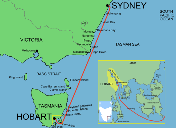 Route Map of Sydney to Hobart Yacht Race