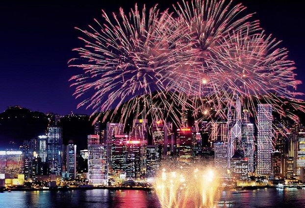 Firework Displays during New Years Eve in Hong Kong